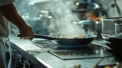 Professional kitchen in the hotel restaurant the chef is frying seafood on pan : Generative AI