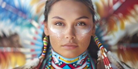 Obraz premium Digital artwork featuring a Native American woman in traditional attire. Concept Native American, Digital Art, Traditional Attire, Woman Portrait