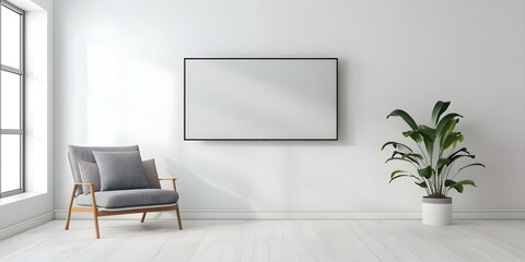 Minimalist living room with blank TV mockup on wall and grey armchair. Concept Home Decor, Minimalist Design, Living Room Ideas, Mockup Display, Interior Styling