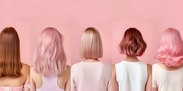 Assorted womens hairstyles including straight wavy and bob cuts in pink. Concept Pink Hair Trends, Hair Color Ideas, Hairstyle Inspiration