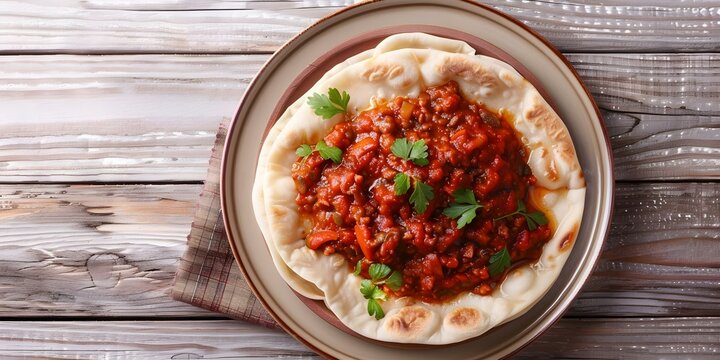 Topdown image of Ethiopian misir wot injera with copy space. Concept Ethiopian Cuisine, Misir Wot, Injera, Food Photography, Copy Space