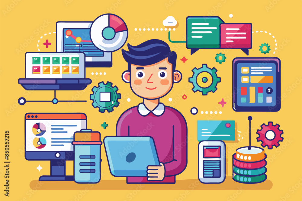 Poster a cartoon man processes data on a laptop surrounded by other devices, illustrating data processing i