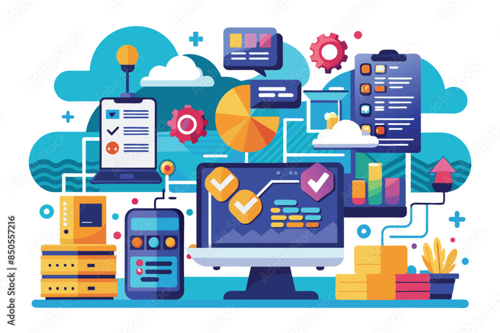 Poster illustration of data processing with customizable elements such as desktop, phone, server, and graph