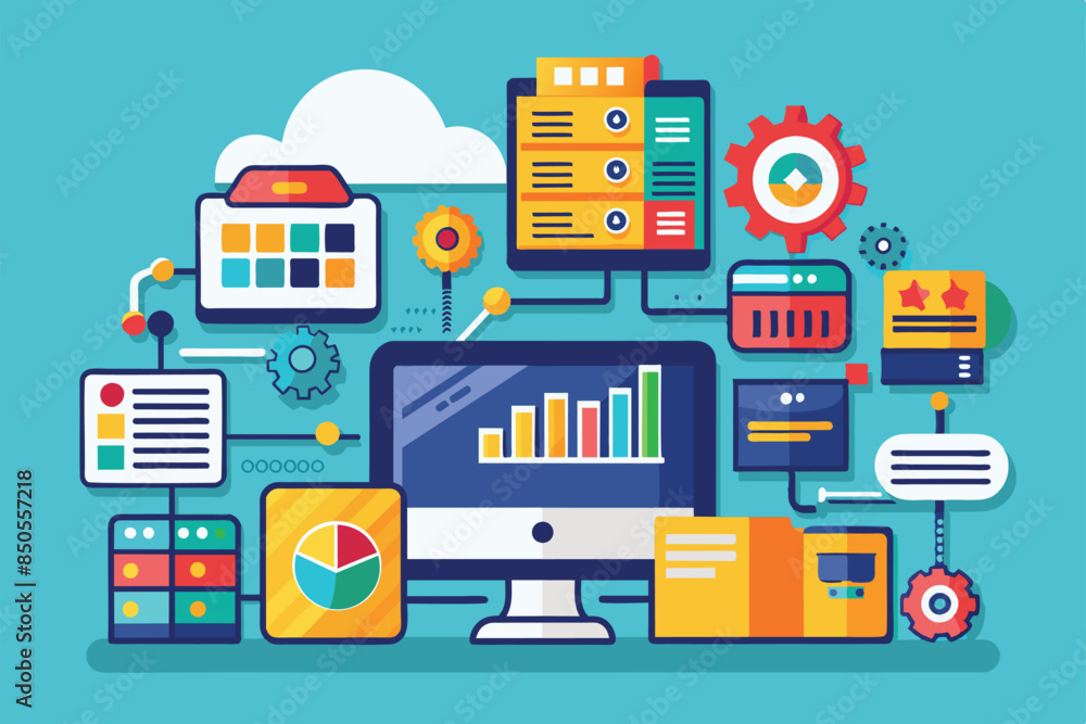 Poster flat illustration of data processing with various icons representing data management, analysis, and 