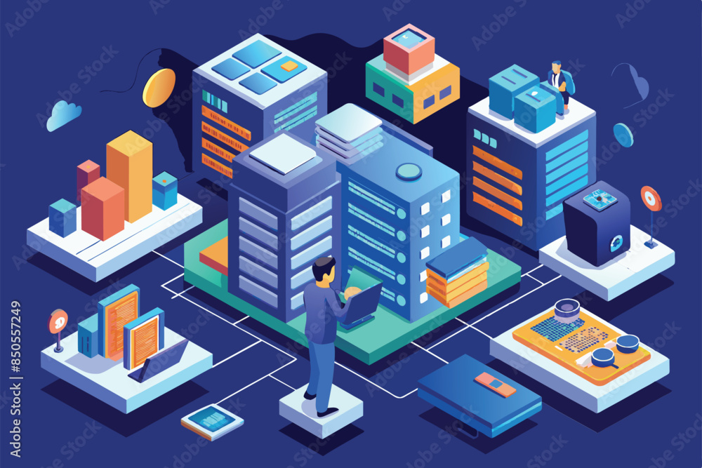 Poster an isometric illustration of a data processing system with servers, data analytics, and a person on 