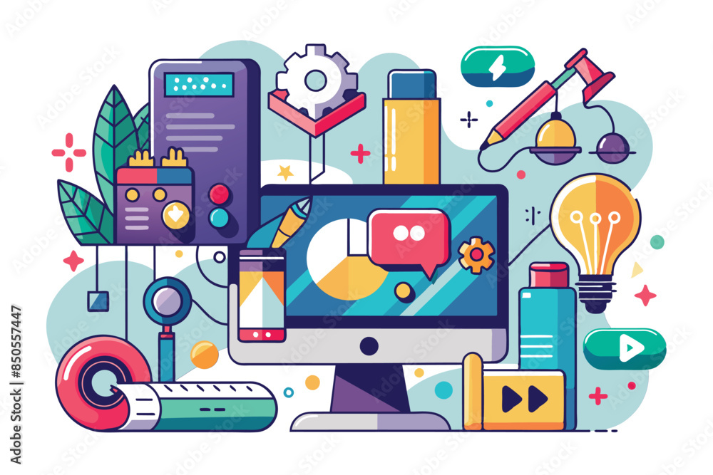 Poster an illustration of a design process with various customizable elements and a disproportionate style,