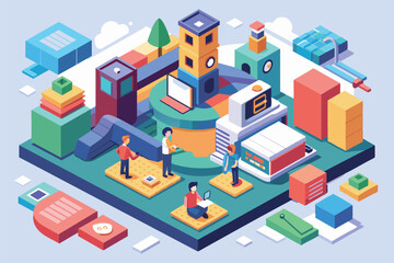Colorful isometric illustration of people working in a futuristic city setting, Design inspiration Customizable Isometric Illustration