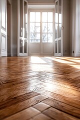Obraz premium A wooden floor in a room with a door