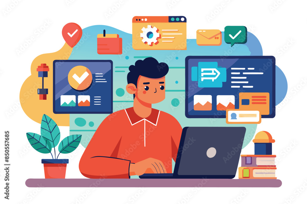 Poster a man uses a laptop with developer icons and charts, showing productivity and user experience, devel