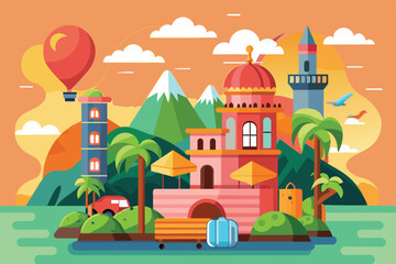 Fototapeta premium A cartoon illustration of a seaside town with colorful buildings, mountains, palm trees, and a hot air balloon, Destination Customizable Cartoon Illustration