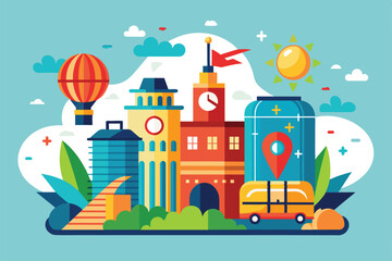 Fototapeta premium A flat illustration depicting a sunny day trip to a city with a hot air balloon, luggage, and a bus, Destination Customizable Flat Illustration