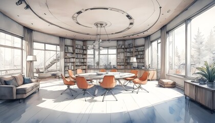 Adorable cartoon style, Detailed linear watercolor of interior design