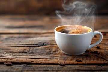 Steaming cup of coffee on a rustic wooden table, evoking warmth and comfort
