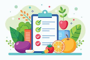 Illustration of a checklist with checkmarks and healthy food items, Diet Customizable Semi Flat Illustration