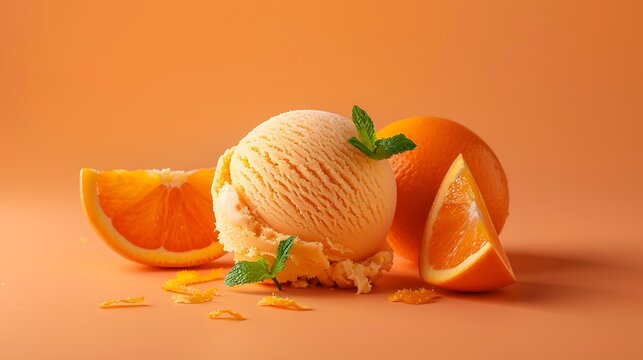 Scoop of orange ice cream isolated on orange background