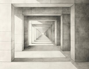 Create a perspective view of a large space with a corner on the right side, viewed directly from the right into the space