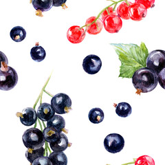 Seamless Watercolor Pattern of Red and Black Currants on White Background Decorative, Fresh, Beautiful Design