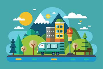 Fototapeta premium Illustration depicting a town with a bus, buildings, trees, mountains, and a river, Done Customizable Semi Flat Illustration