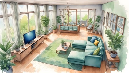 Adorable cartoon style, Detailed linear watercolor of interior design