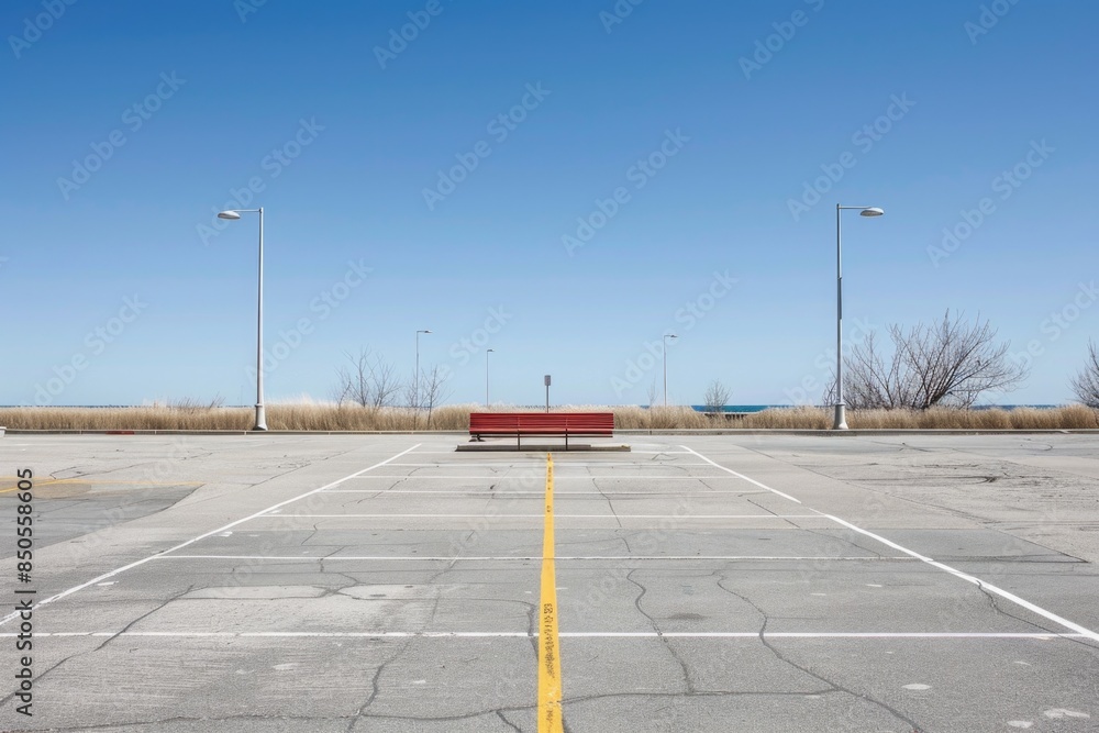Poster a photograph of an empty parking lot with a single red bench