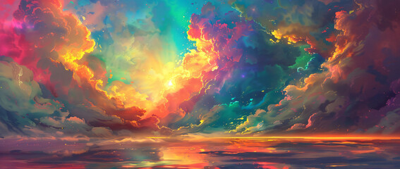 A surreal digital painting of an endless sky filled with vibrant, swirling clouds in various colors, creating a dreamlike and fantastical atmosphere.