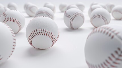 A collection of baseballs arranged neatly on a white surface