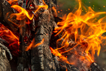 Close-up of blazing flames, wood that is burning.