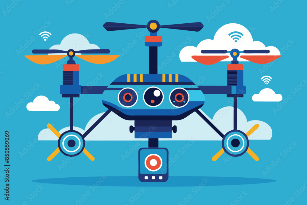 Poster drone surveillance system with customizable features demonstrating connectivity and sky monitoring c