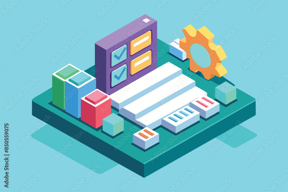 Poster a colorful isometric illustration showing a customizable dropdown menu with checkboxes, a gear, and 