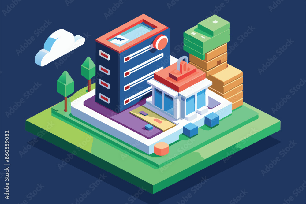 Poster an isometric illustration of a customizable dropdown menu in a stylized cityscape setting, dropdown 
