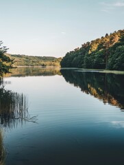 Photo of black lake calm water reflect clear sky, nature light, film camera style 