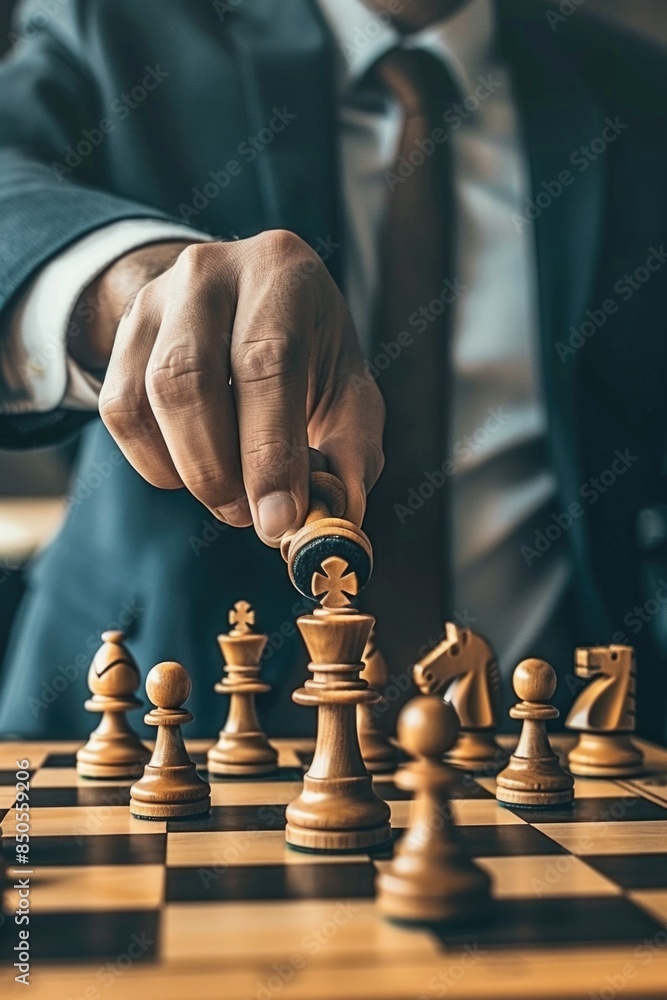 Poster A person playing a game of chess, focus on the hands and board