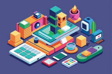 Obraz premium A vibrant isometric illustration showcasing modern technology devices, including a laptop, smartphone, camera, and more, Edit photo Customizable Isometric Illustration