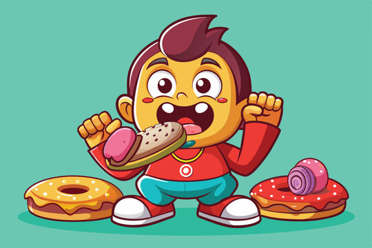 A cartoon boy with a big smile devours a donut, surrounded by his donut friends, Eating donuts Customizable Cartoon Illustration - Powered by Adobe