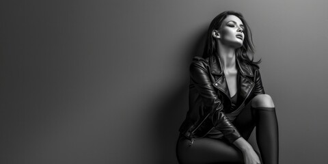 Naklejka premium A woman wearing a leather jacket sits on a chair, looking relaxed