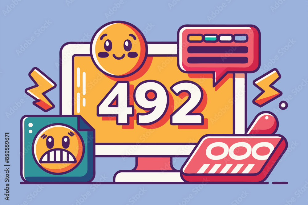 Poster an illustration of a computer screen with a 492 error code, surrounded by unhappy emoji and a lightn
