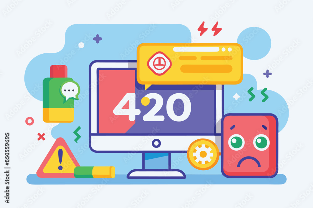 Poster a flat illustration of a computer displaying an error 420 message, surrounded by other error icons, 