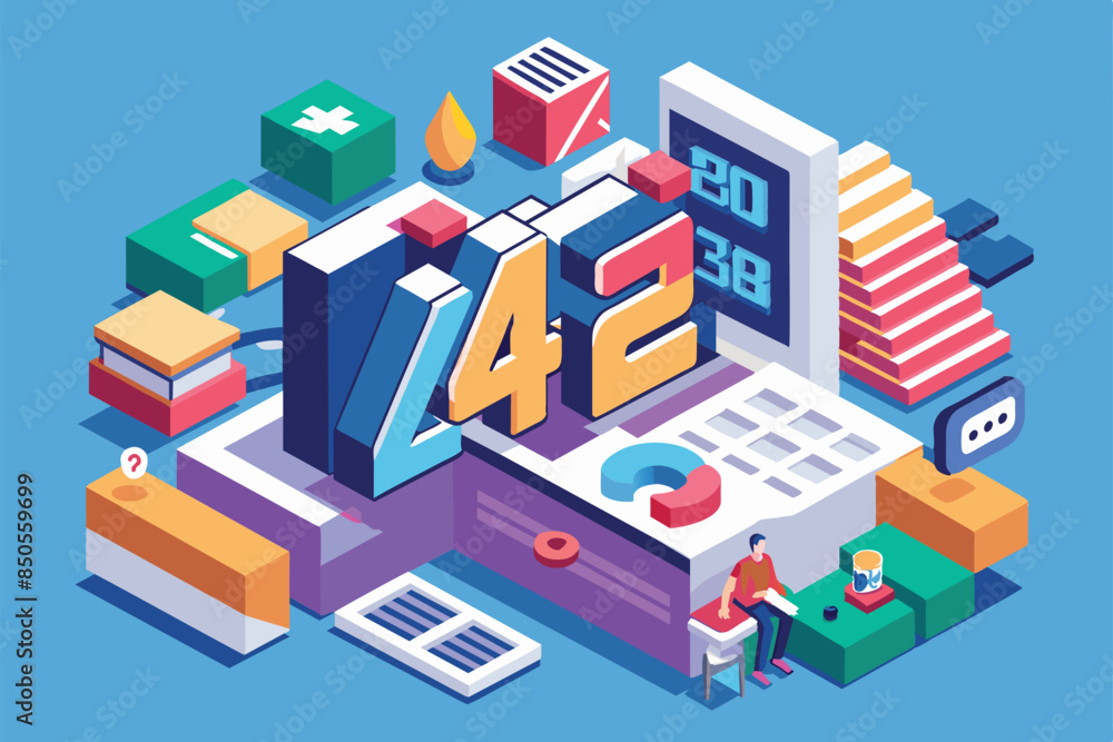 Poster an isometric illustration of a man reviewing data and charts, with customizable elements, error 429 