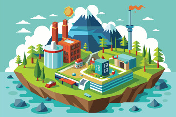 Naklejka premium Isometric illustration of a city with houses, a factory, and trees on a green island with mountains in the background, Environment Customizable Disproportionate Illustration