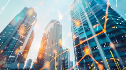 Growth property price and real estate concept with digital graphic stats data and raising up diagram on city skyscraper tops background bottom view double exposure : Generative AI