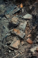 Obraz premium A heap of debris on a dirt surface, suitable for use in scenes with destruction or chaos