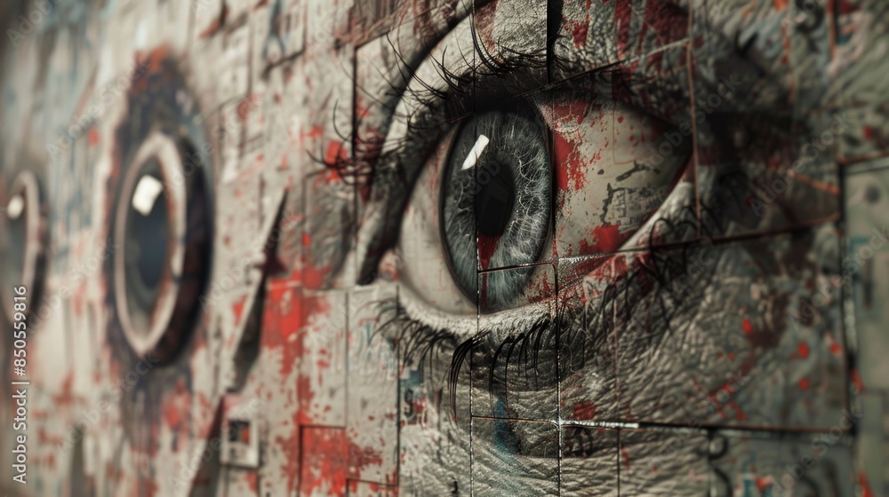 Poster a close-up view of an eye painted or drawn on a wall, often used as a decorative element