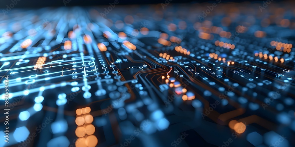 Poster binary data flows through orange circuit board blue and white lights. concept technology, artificial