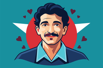 A cartoon illustration of a smiling man with a mustache and hearts surrounding him, Father's day Customizable Disproportionate Illustration