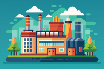 Naklejka premium Flat illustration of a factory building with smokestacks, trees, and a blue sky, Factory Customizable Semi Flat Illustration