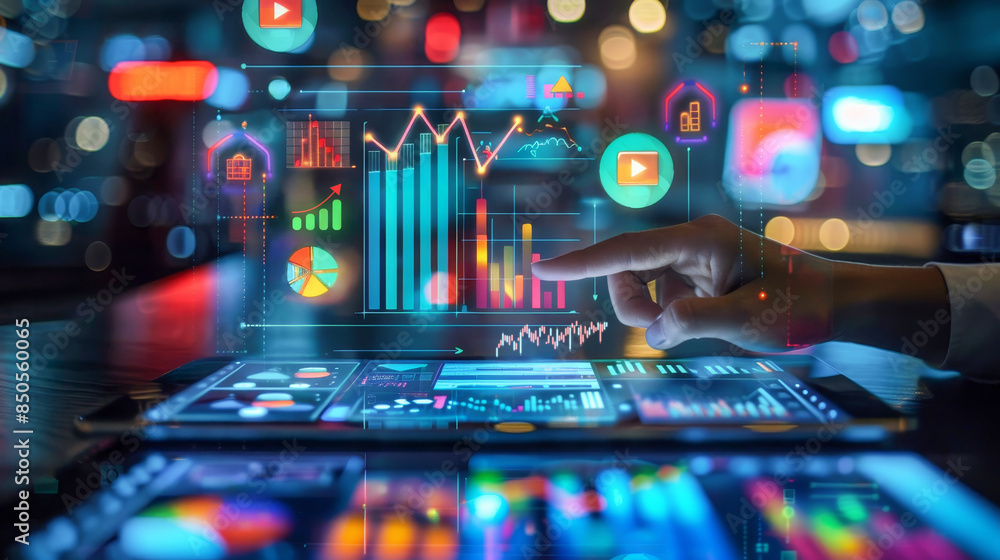 Aufkleber digital tablet displaying financial data with upward arrows and graphs, surrounded by icons represen