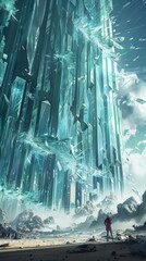 Naklejka premium A shattered giant glass wall stands on the vast and boundless land, with many flowing light lines dancing and drifting, creating a very fashionable scene 