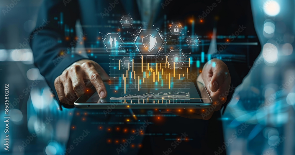 Poster a business person holding an ipad with digital graphs and icons floating above, representing the use
