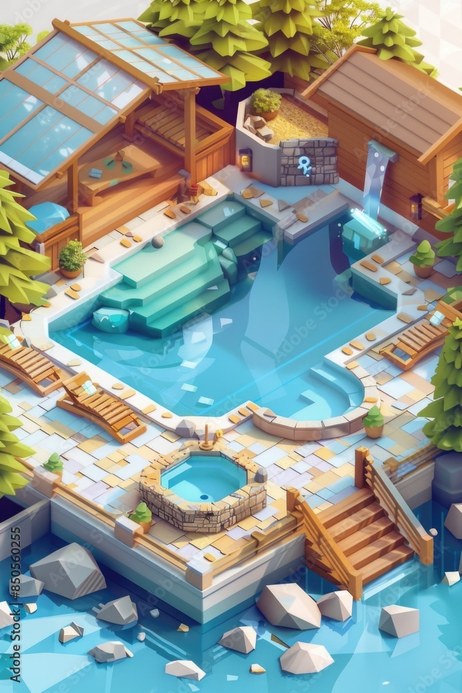 Poster a serene natural setting with a pool surrounded by rocks and trees, suitable for nature-inspired des