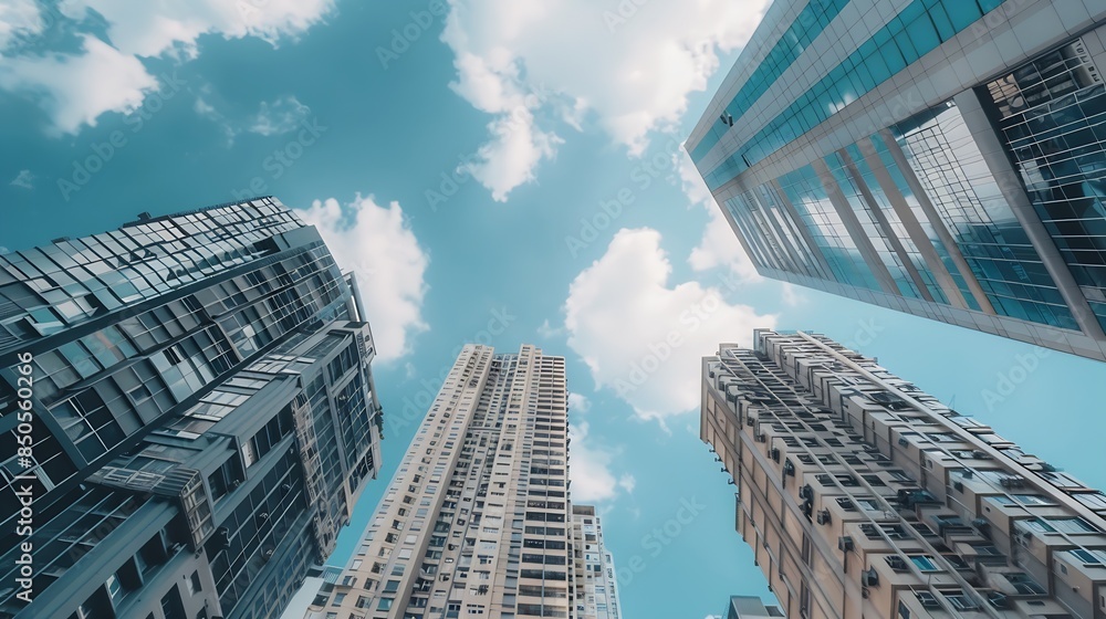 Poster a beautiful screnery of multiple buildings background with amazing sky : generative ai